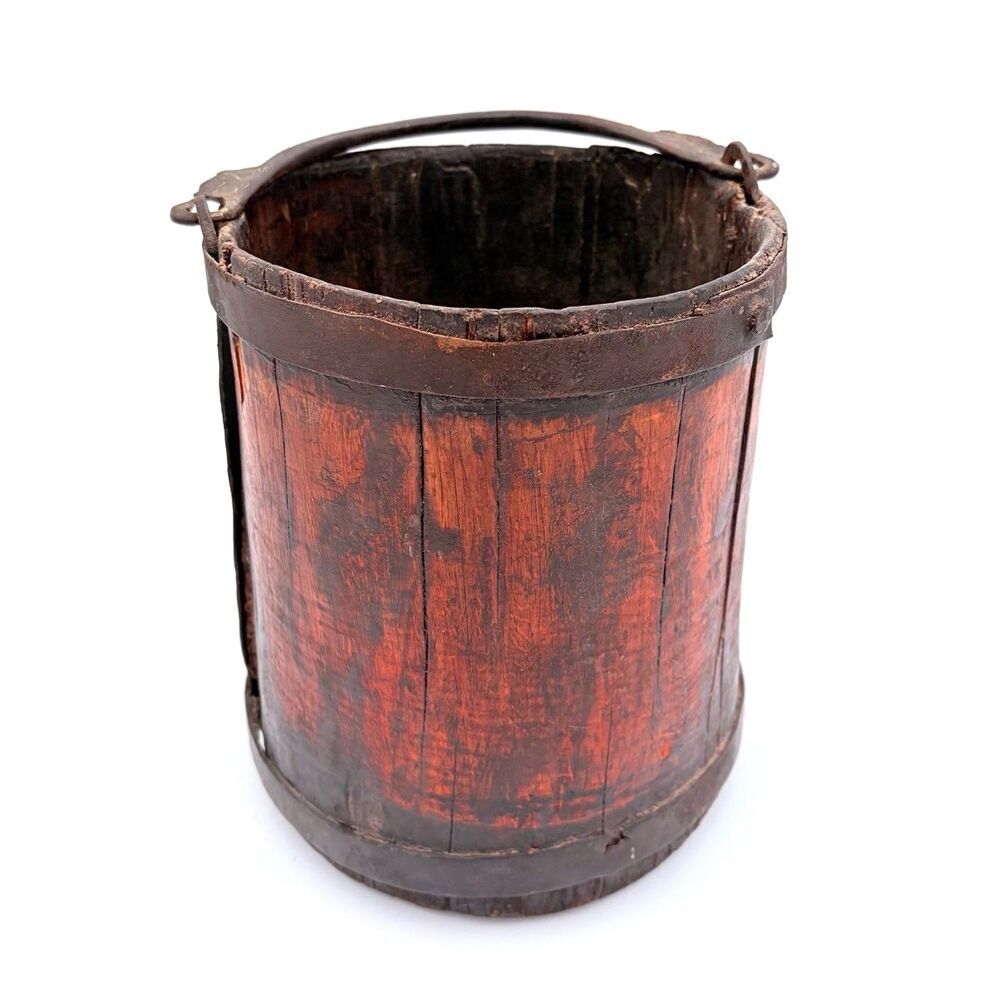 Antique Red Black Lacquered Wooden Well Bucket Chinese Qing Style